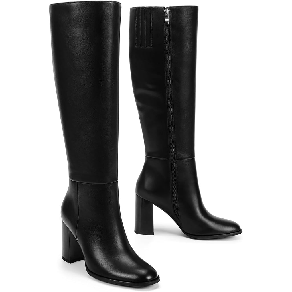 Women Knee High Boots Round Toe Chunky Heel Boots Gogo Boots With Side Zip Fashion Tall Boots For Women