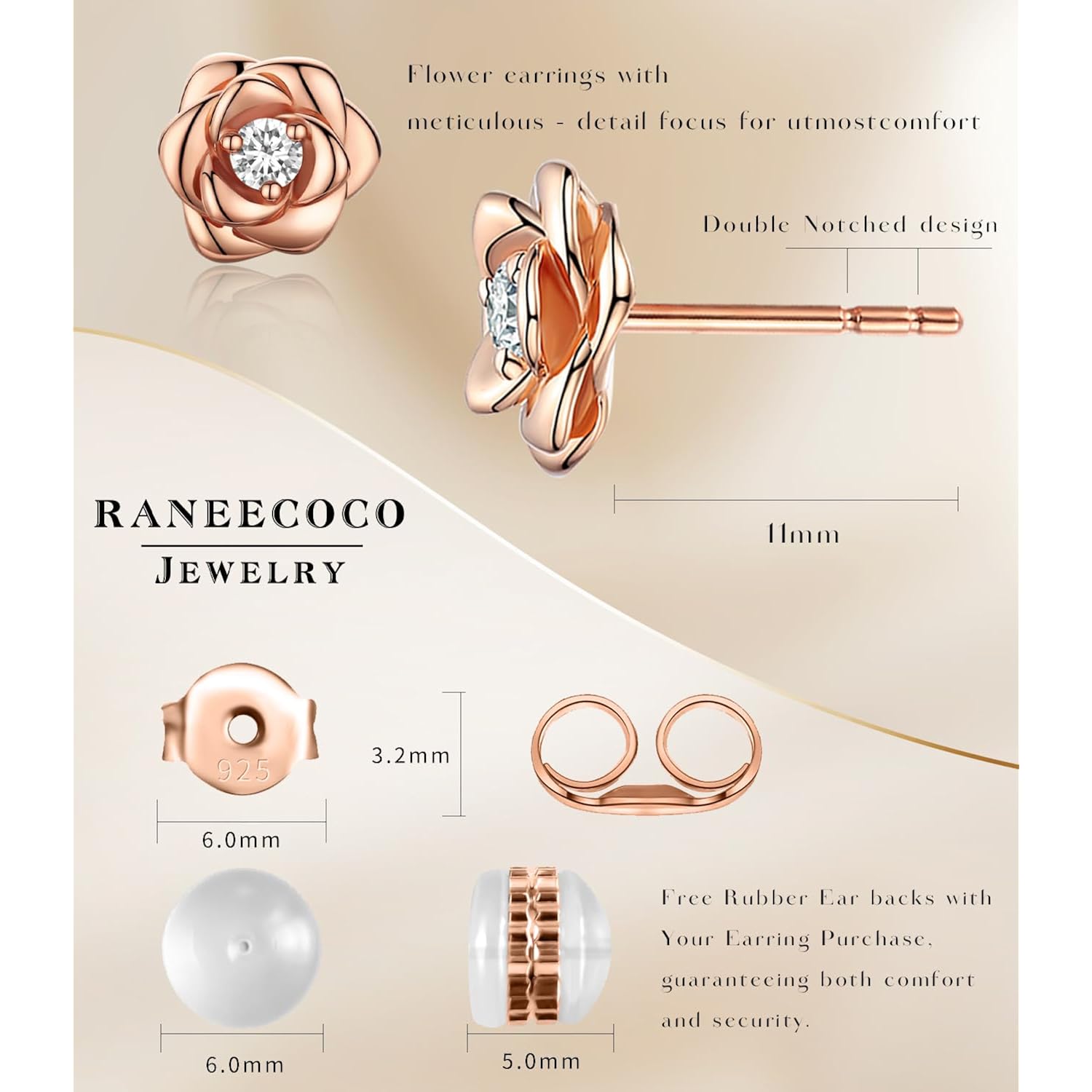 Gold Plated Sterling Silver Rose Flower Earring Studs, Hypoallergenic & Nickel Free Earrings for Women