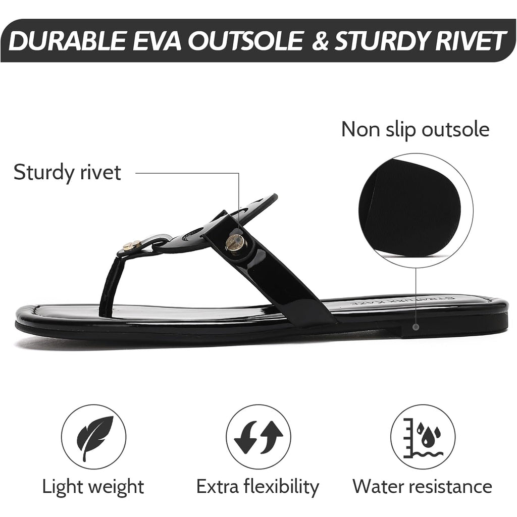 Stratuxx Kaze Women'S Dressy Patent Leather Thong Sandals With Memory Foam,Comfy Beach Slides Slip On Flat Sandals For Women