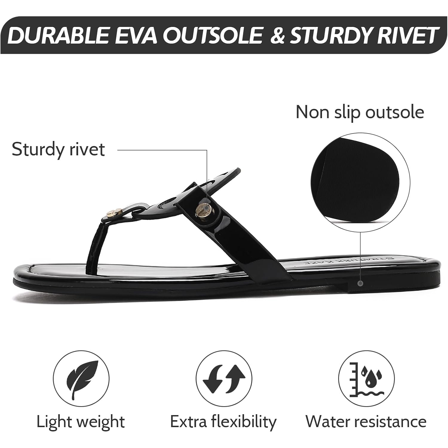Stratuxx Kaze Women'S Dressy Patent Leather Thong Sandals With Memory Foam,Comfy Beach Slides Slip On Flat Sandals For Women