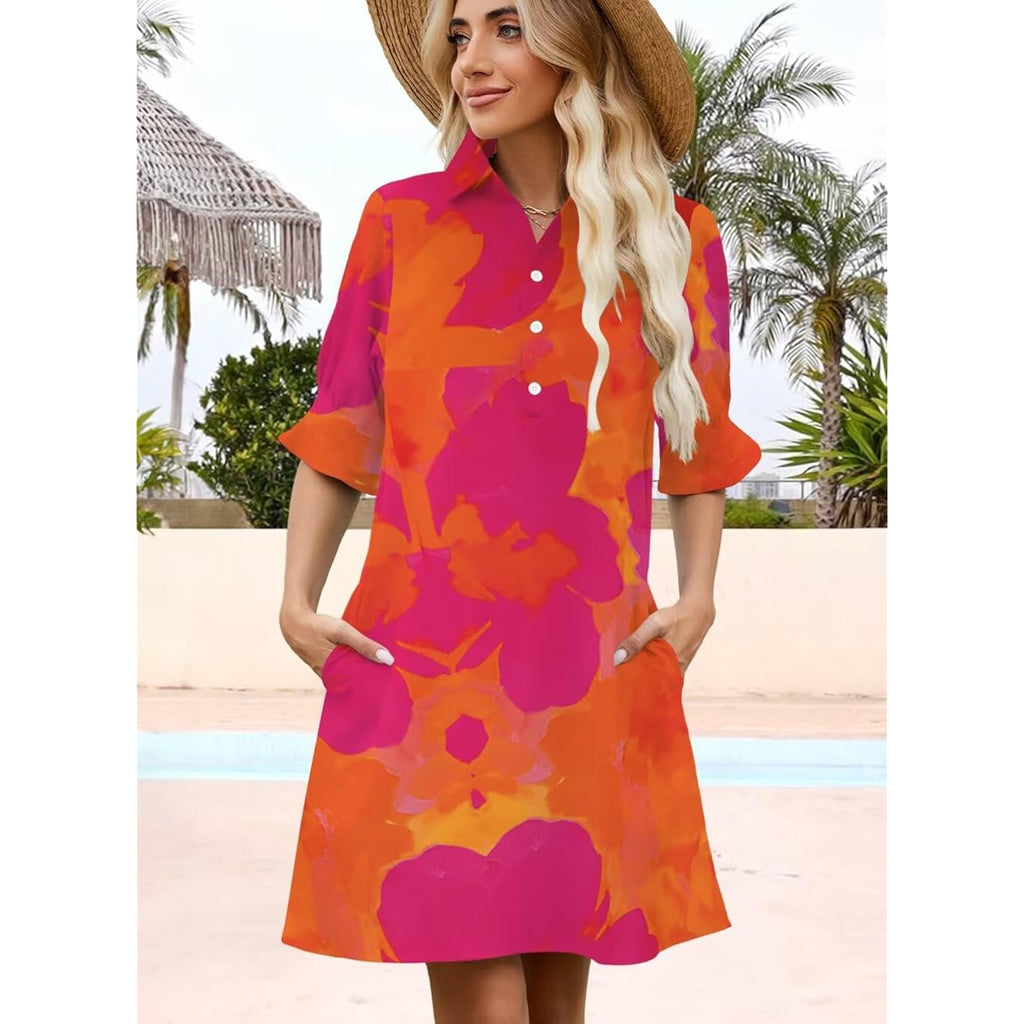 Womens Summer Shirt Dress 2026 Casual Ruffle Short Sleeve Button Down Flowy Swing Shift Mini Dresses With Pockets