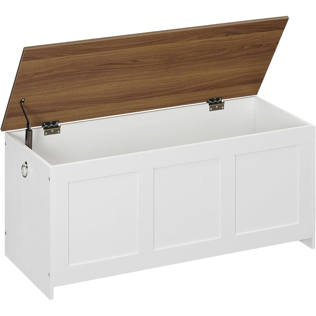 HOOBRO Storage Bench, 39.3" Retro Wooden Storage Chest, Wooden Storage Trunk, Toy Chest with Lift Top, Multifunctional Entryway Organizer, for Entryway, Living Room, White and Walnut WH141CW01