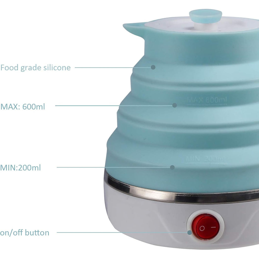 Travel Foldable Electric Kettle, Collapsible Electric Kettle Food Grade Silicone Small Pot Boiling Water,Dual Voltage（600Ml,110-220V Us Plug） (Blue)