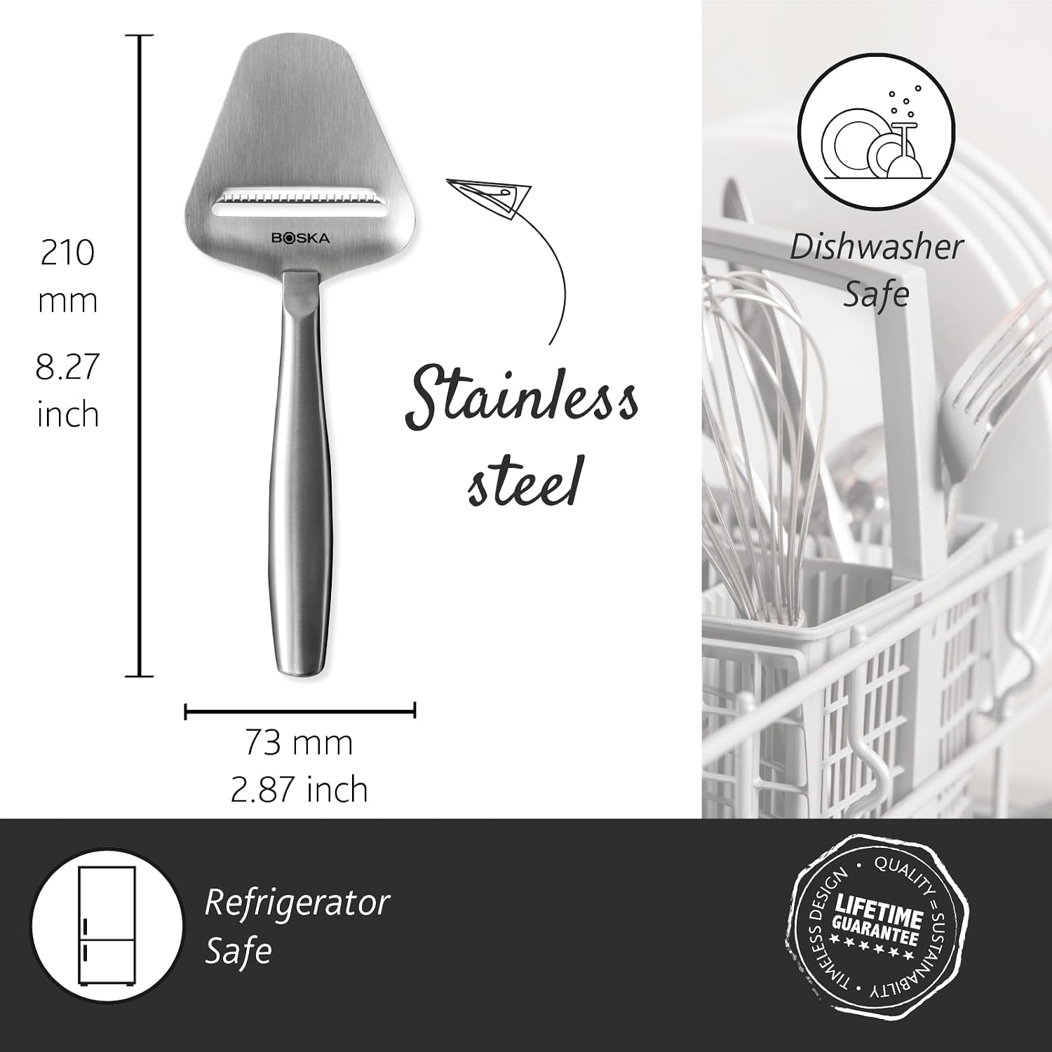 Boska Stainless Steel Cheese Slicer - Copenhagen For All Types Of Cheese - Multi-Functional Cheese Slicer - Handheld Slicer - Silver Non-Stick - Dishwasher Safe - For Kitchen Cooking