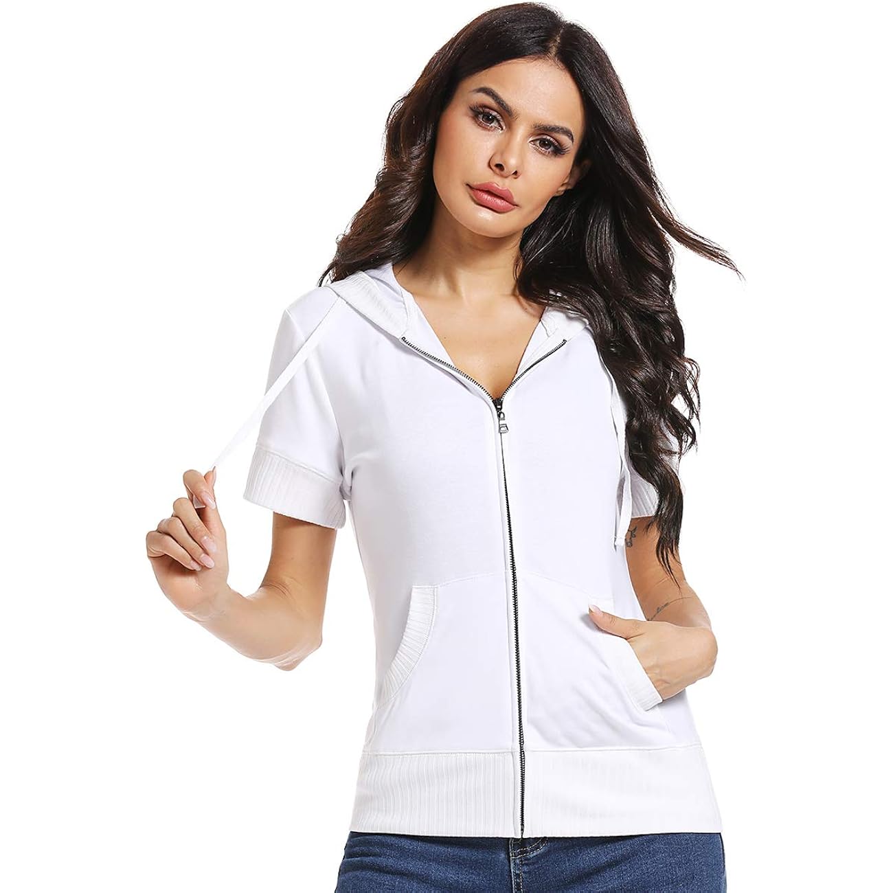 Miss Moly Women'S Short Sleeve Hoodie Full Zip Up Cotton Slim Fit Sweatshirt With Pocket