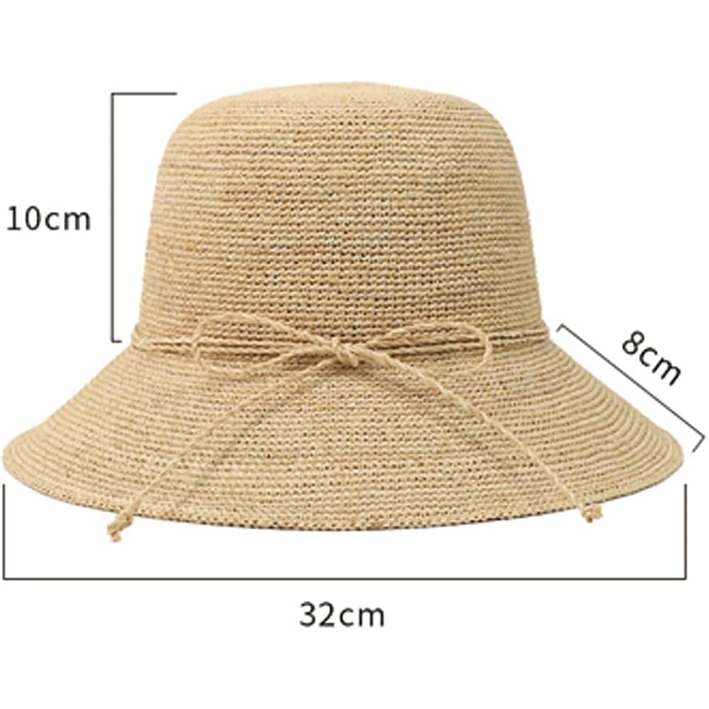 Women'S Raffia Straw Hat Summer Beach Bucket Hat Handmade Natural Raffia Woven Sun Hats Foldable Floppy Cap