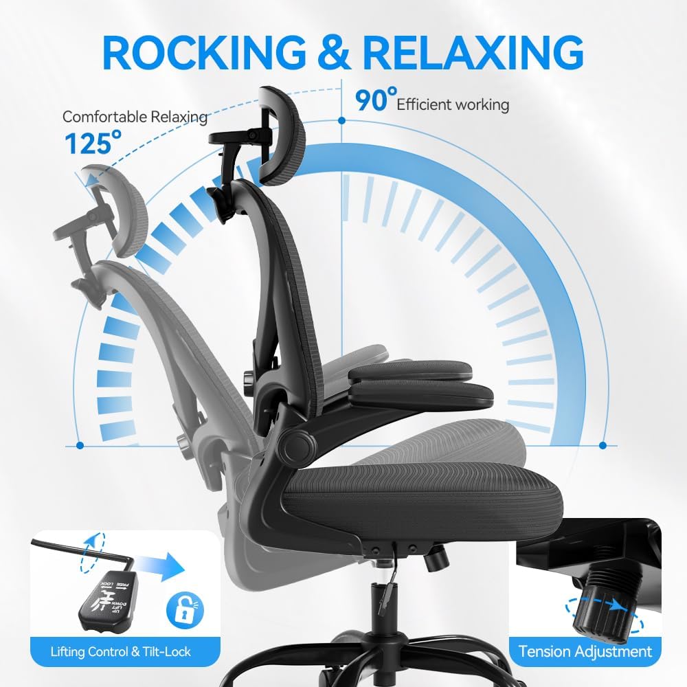 Ergonomic Office Chair With Headrest 3D, Mesh Office Desk Chair With Adjustable Lumbar Support, Computer Chair With Flip Up Armrests, 350Lbs Capacity - Design For Home/Offices - Black