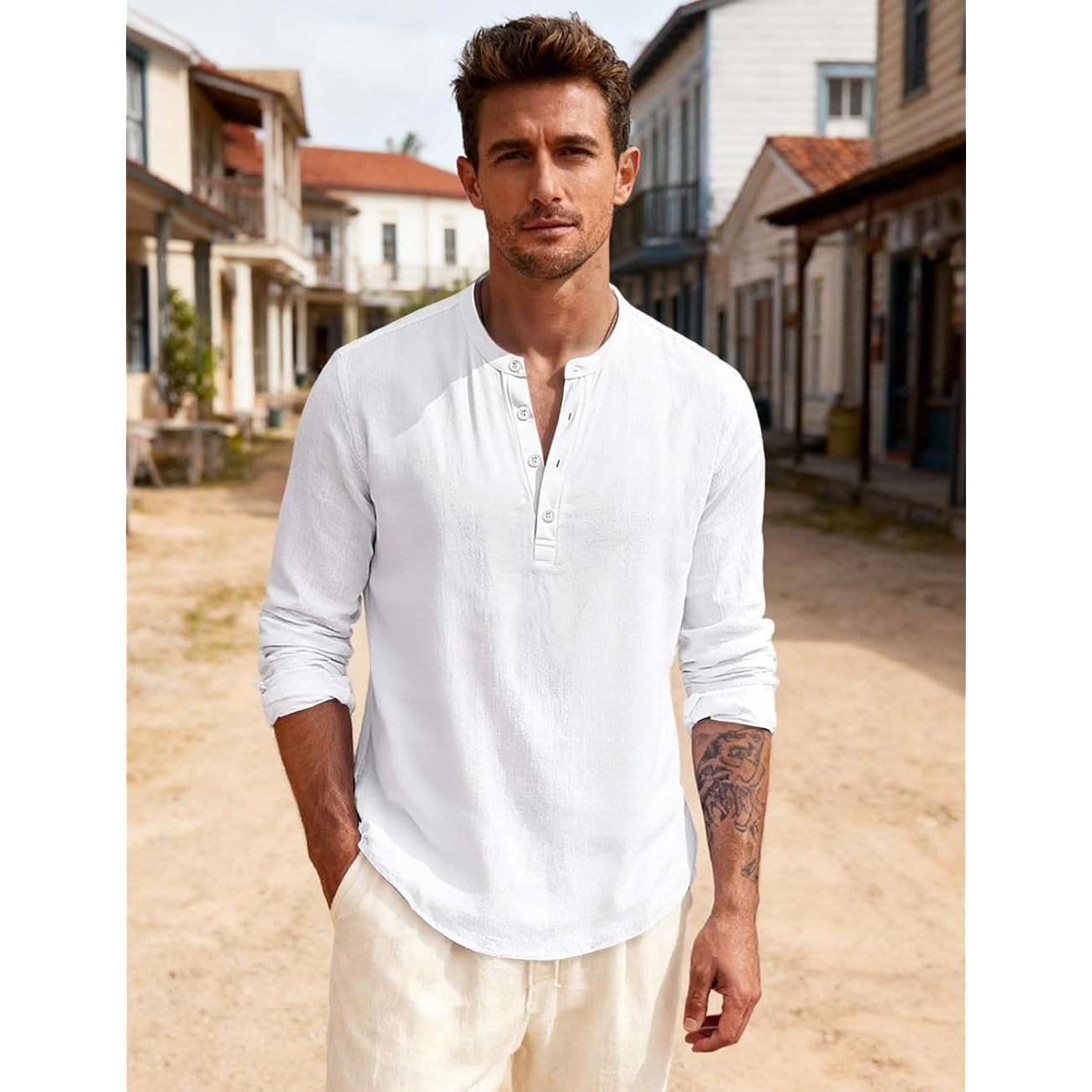 Men'S Linen Shirts Henley T-Shirts Long Sleeve Casual Beach T-Shirts Solid Tops Shirts For Men