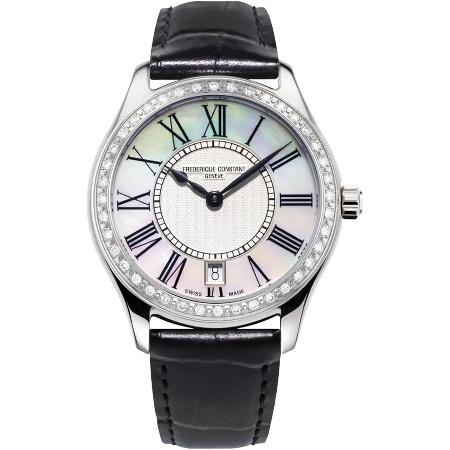 Frederique Constant Ladies Swiss Quartz Classics Diamond Silver-Tone Stainless Steel Watch With Black Leather Strap, Style: Fc-220Mpw3Bd26