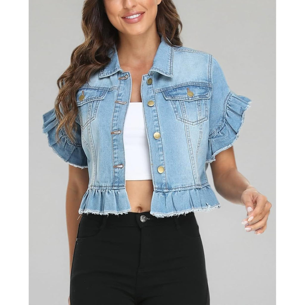 Miss Moly Women'S Denim Jacket Ruffle Sleeve Button Down Distressed Summer Cropped Jean Jackets