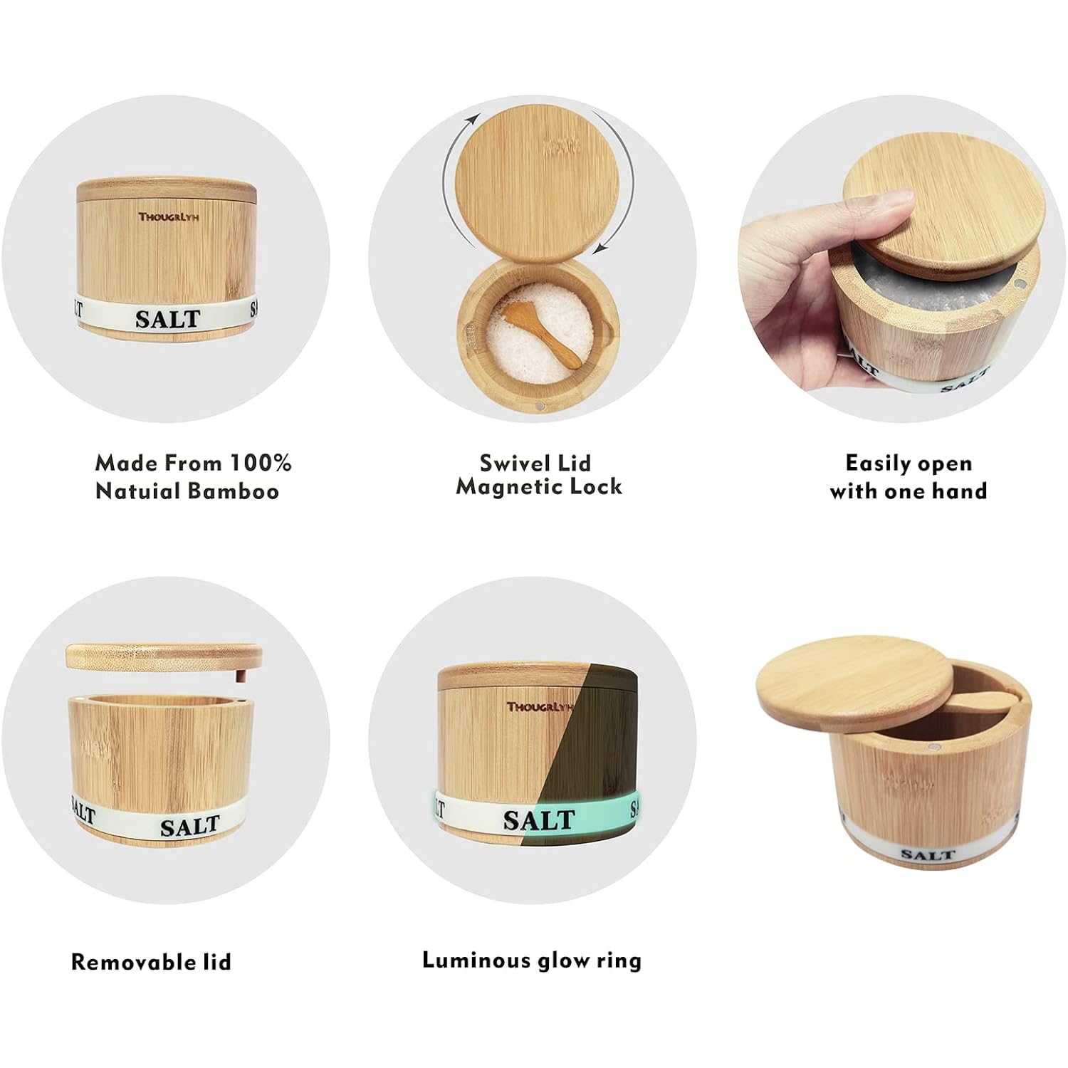 Salt Cellar Bamboo Salt Container With Lid & Spoon For Countertop