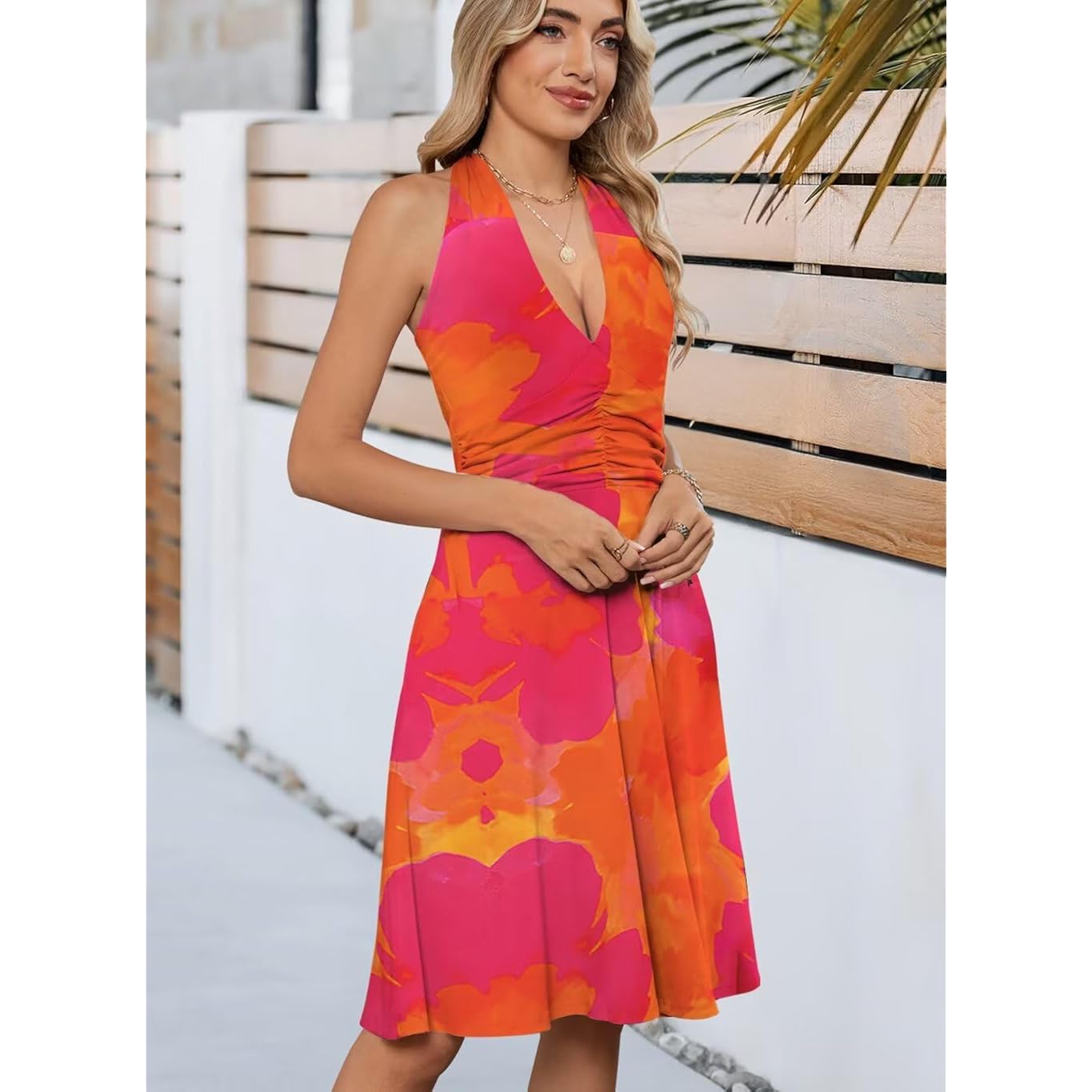 Wkior Womens Sundress Summer Beach Vacation Sleeveless Halter Neck A-Line 2026 Boho Floral Midi Dress With Pockets