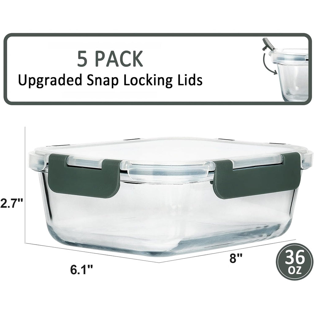 M MCIRCO [5-Packs, 36 Oz Glass Meal Prep Containers with Snap Locking Lids Glass Food Containers,Airtight Lunch Container,Microwave, Oven, Freezer and Dishwasher (4.5 Cup)