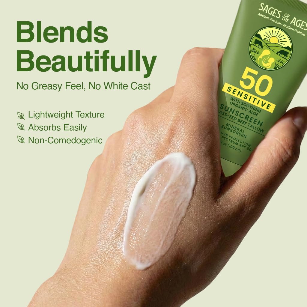 Grass-Fed Tallow Mineral Sunscreen Spf 50 — No White Cast, Non-Nano Zinc Oxide, Reef Safe Uva/Uvb, Water Resistant 80 Min, Moisturizing & Soothing With Aloe Vera, Face & Body