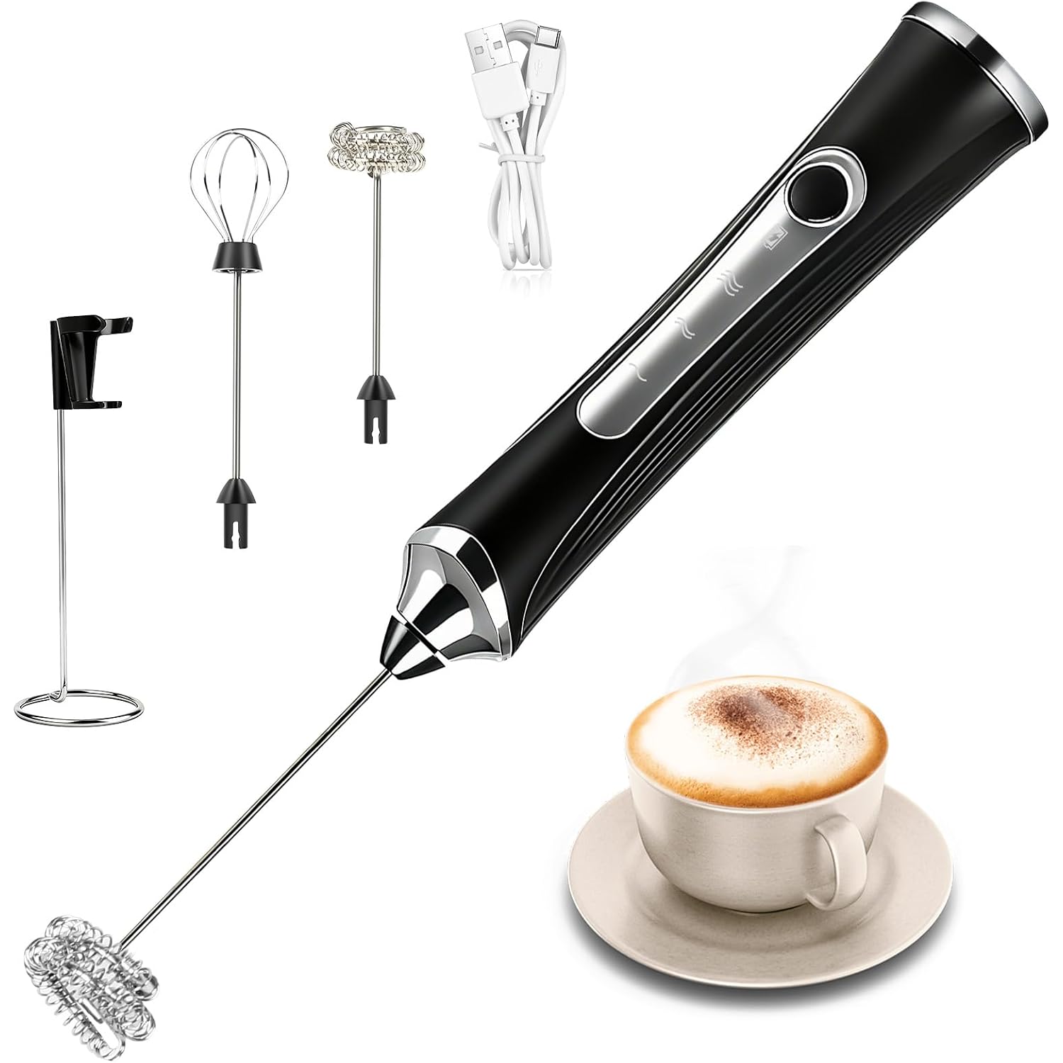 Milk Frother Handheld Rechargeable With Stand Frother Wand Foam Maker 3 Speed Adjustable Hand Mixer With Detachable Stainless 2 Whisks Electric Coffee Frother Stirrer For Latte, Cappuccino, Egg