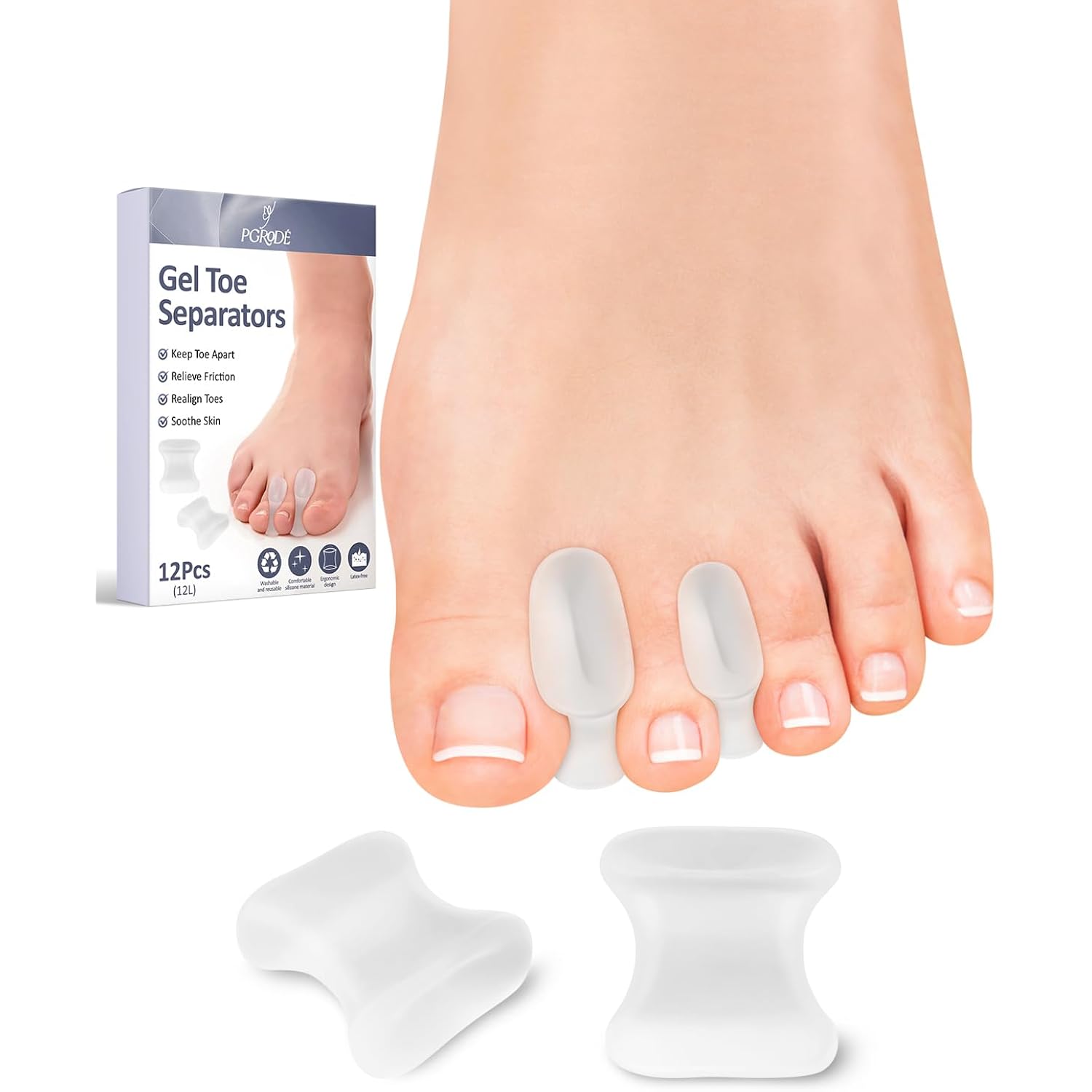 PGRODE 12 Pack Gel Toe Separators Silicone Toe Spacers for Women Men Bunion Corrector Toe Pain Relief, Toe Alignment, Soft Toe Spacer for Crooked Toes, Overlapping Toes, Hammertoe Correction (Large)