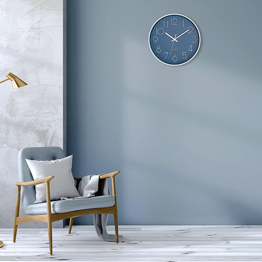 Foxtop Modern Wall Clock Silent Non Ticking Battery Operated Quartz Round Wall Clock Decor For Bedroom Kitchen Home Office School (12 Inch, Cerulean)