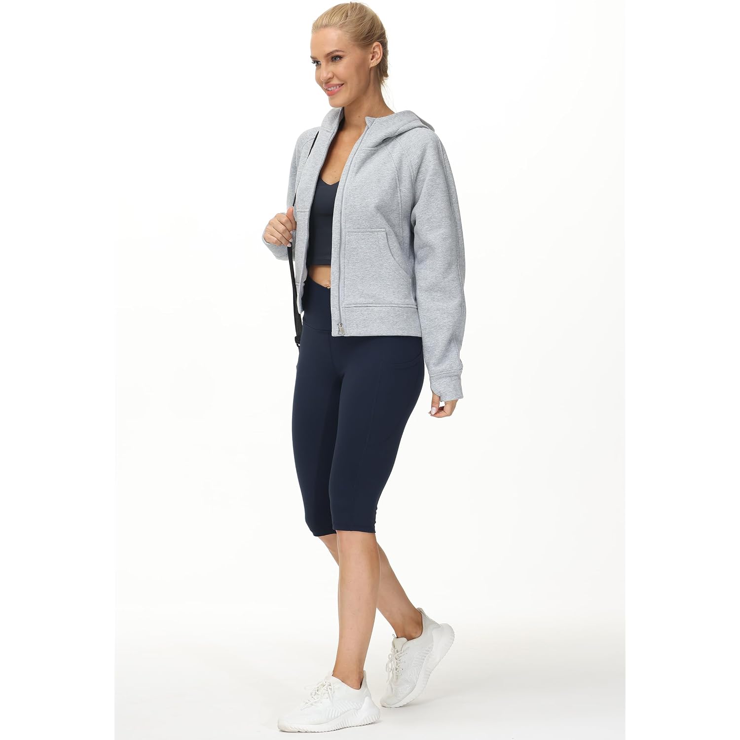 The Gym People Women'S Full-Zip Up Hoodies Jacket Fleece Workout Crop Tops Sweatshirts With Pockets Thumb Hole