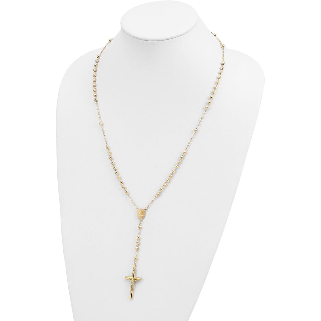 Handcrafted Real Gold Crucifix Necklace with 4mm Beaded Chain Featuring Virgin Mary Centerpiece and Polished Cross Pendant for Men and Women Spiritual Catholic Christian Jewelry Devotion Wear