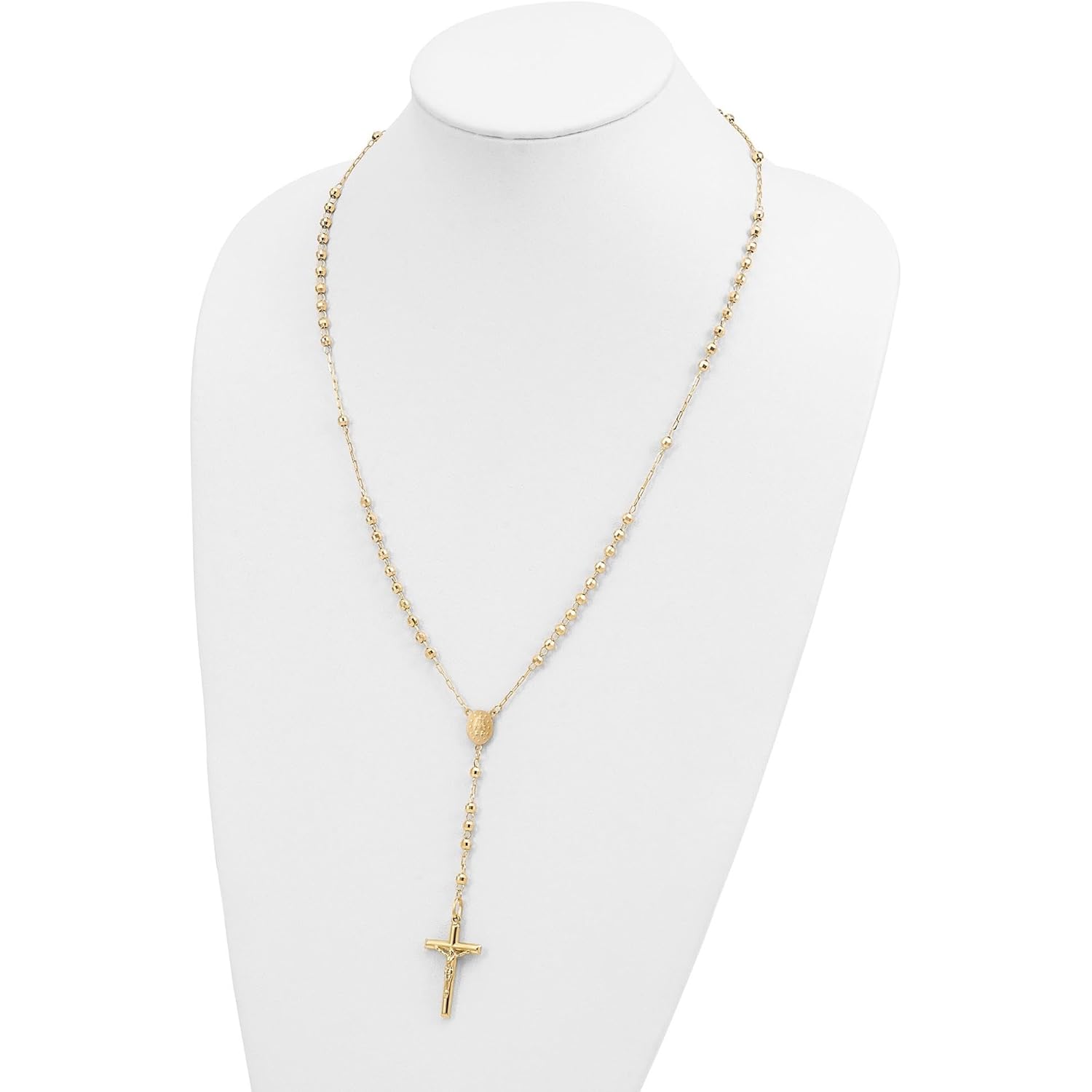 Handcrafted Real Gold Crucifix Necklace with 4mm Beaded Chain Featuring Virgin Mary Centerpiece and Polished Cross Pendant for Men and Women Spiritual Catholic Christian Jewelry Devotion Wear