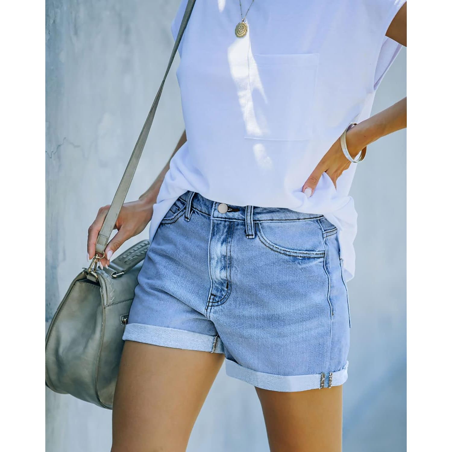 Denim Shorts for Women Mid Waisted Folded Hem Ripped Jean Shorts