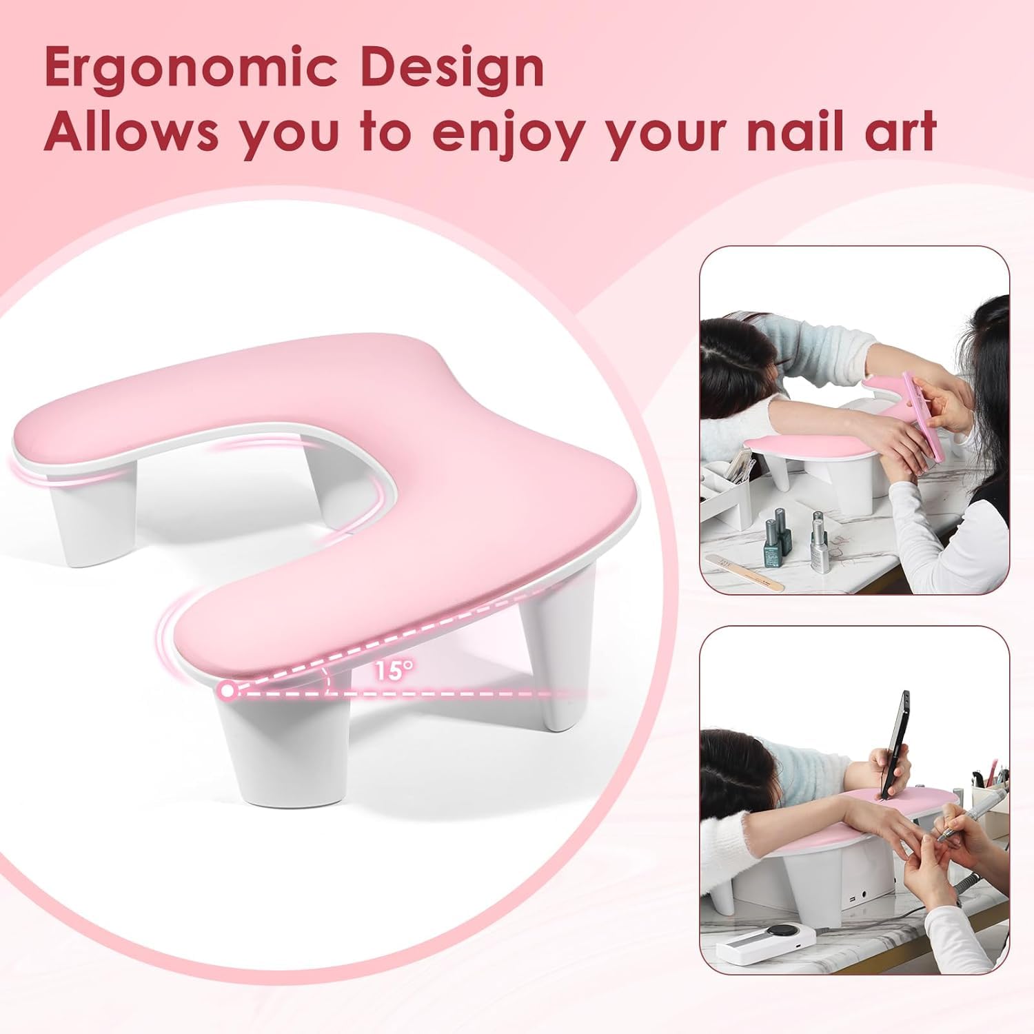 Arm Rest for Nails Tech - U-shaped Manicure Nail Hand Rest Pillow Cushion, Big Microfiber Leather Nail Arm Rest Stand for Acrylic Nail Art Tech (Pink)
