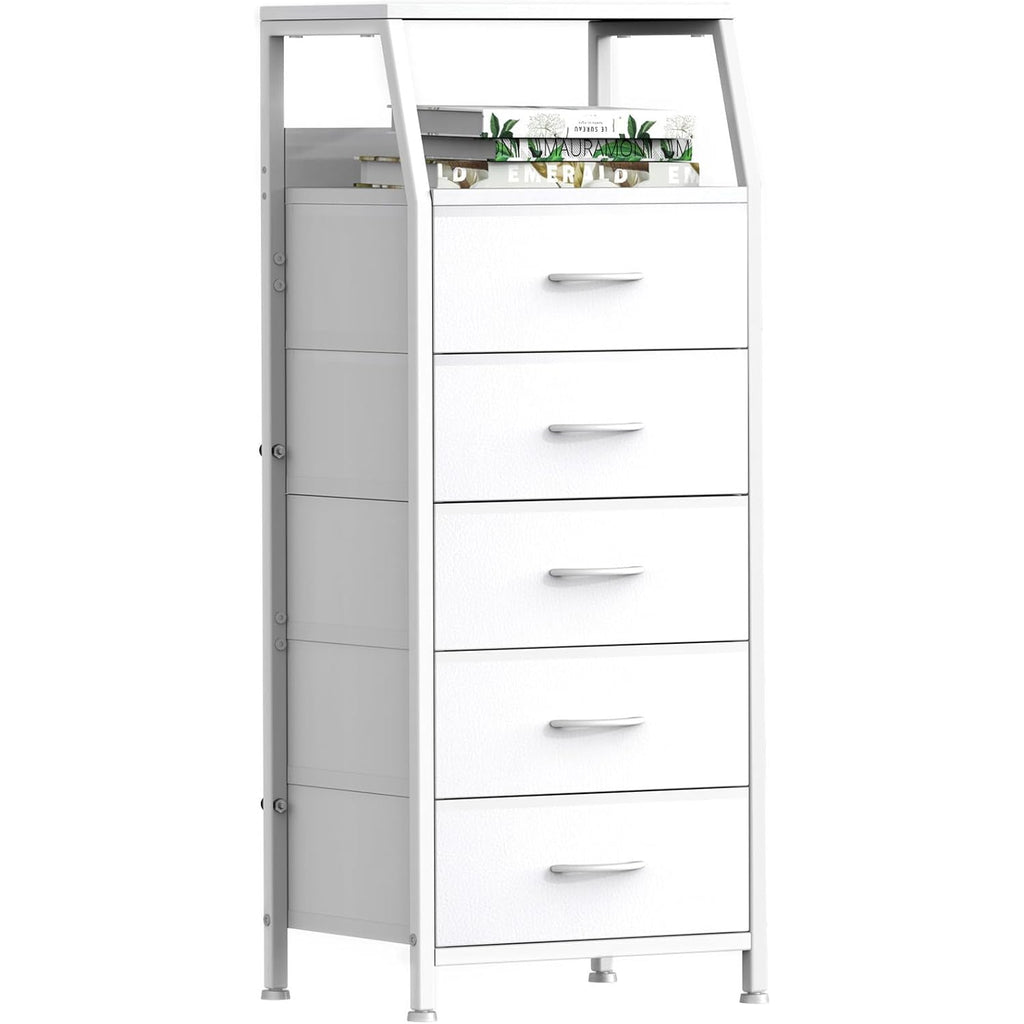 White Dresser For Bedroom, Storage Organizer With 5 Drawers, Vertical Fabric Storage Stand, Nightstand Bedside Table, Sturdy Steel Frame & Wooden Top