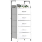 White Dresser For Bedroom, Storage Organizer With 5 Drawers, Vertical Fabric Storage Stand, Nightstand Bedside Table, Sturdy Steel Frame & Wooden Top