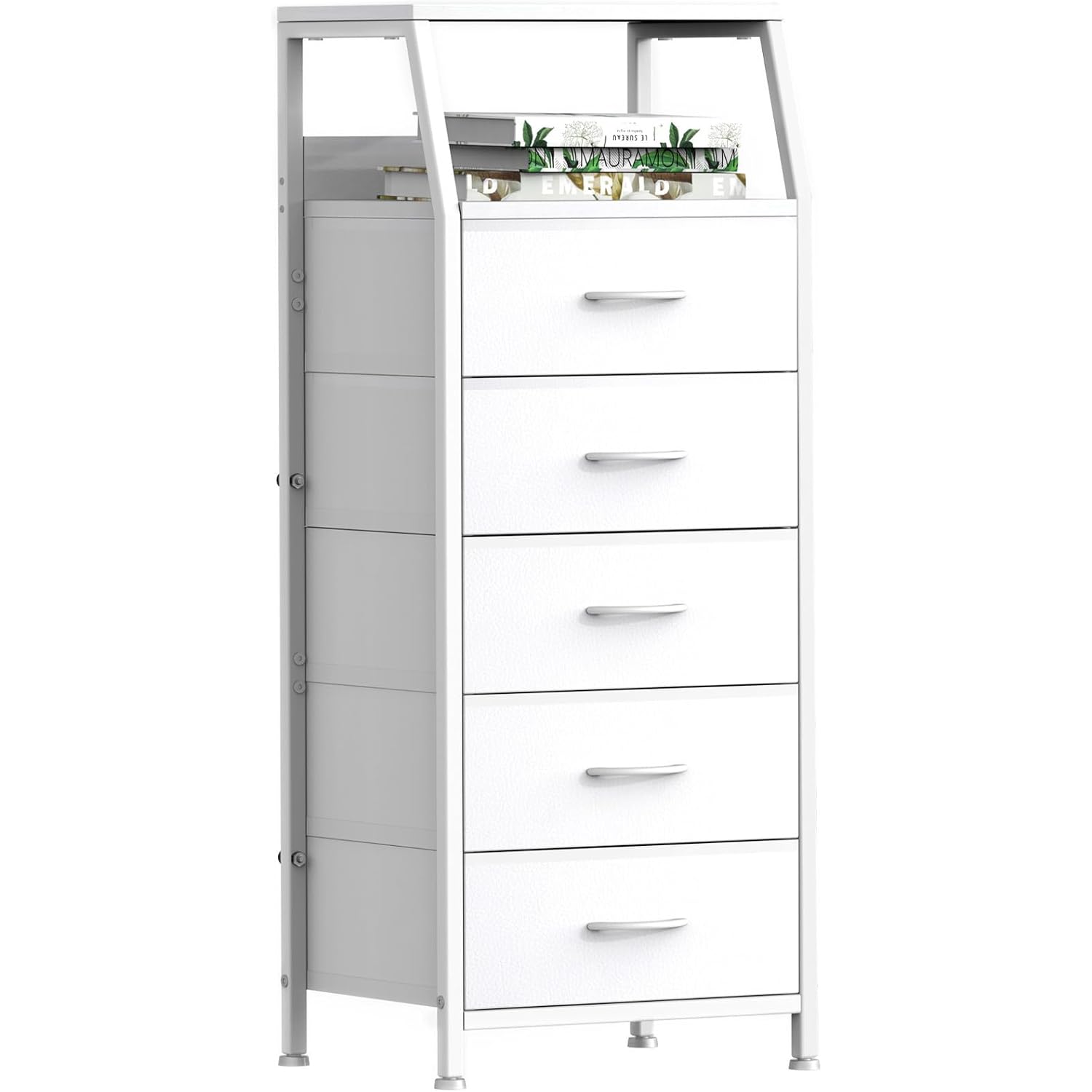 White Dresser For Bedroom, Storage Organizer With 5 Drawers, Vertical Fabric Storage Stand, Nightstand Bedside Table, Sturdy Steel Frame & Wooden Top