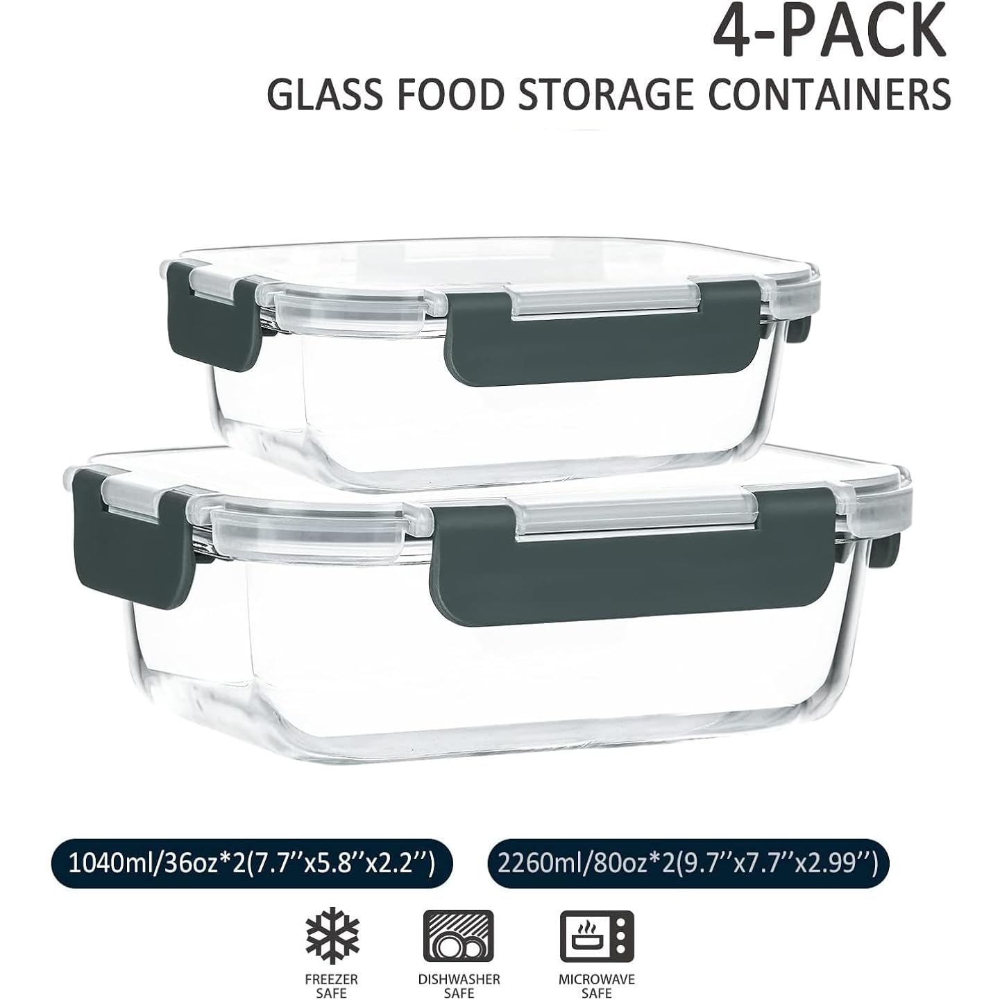 M Mcirco [80 Oz & 36 Oz Extra Large Glass Food Storage/Baking Containers Set With Lids, 2 Pack 80 Oz(10 Cup)&2 Pack 36 Oz (4.5 Cup) Airtight Glass Container,Microwave,Oven,Freezer And Dishwasher