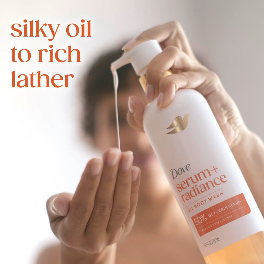 Dove Serum+ Shower Oil Body Wash Radiance, Jojoba & Monoi Flower, 15.3 Fl Oz I Hydrating Shower Oil Body Wash With Glycerin Serum For Soft, Radiant Skin Without Greasy Residue.