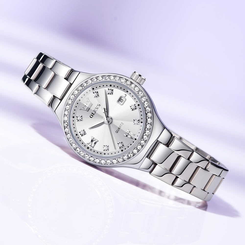 Olevs Watch Women Silver Watch For Women Luxury Diamond Womens Watches For Small Wrist Stainless Steel Waterproof Analog Quartz Date Elegant Reloj Para Mujer