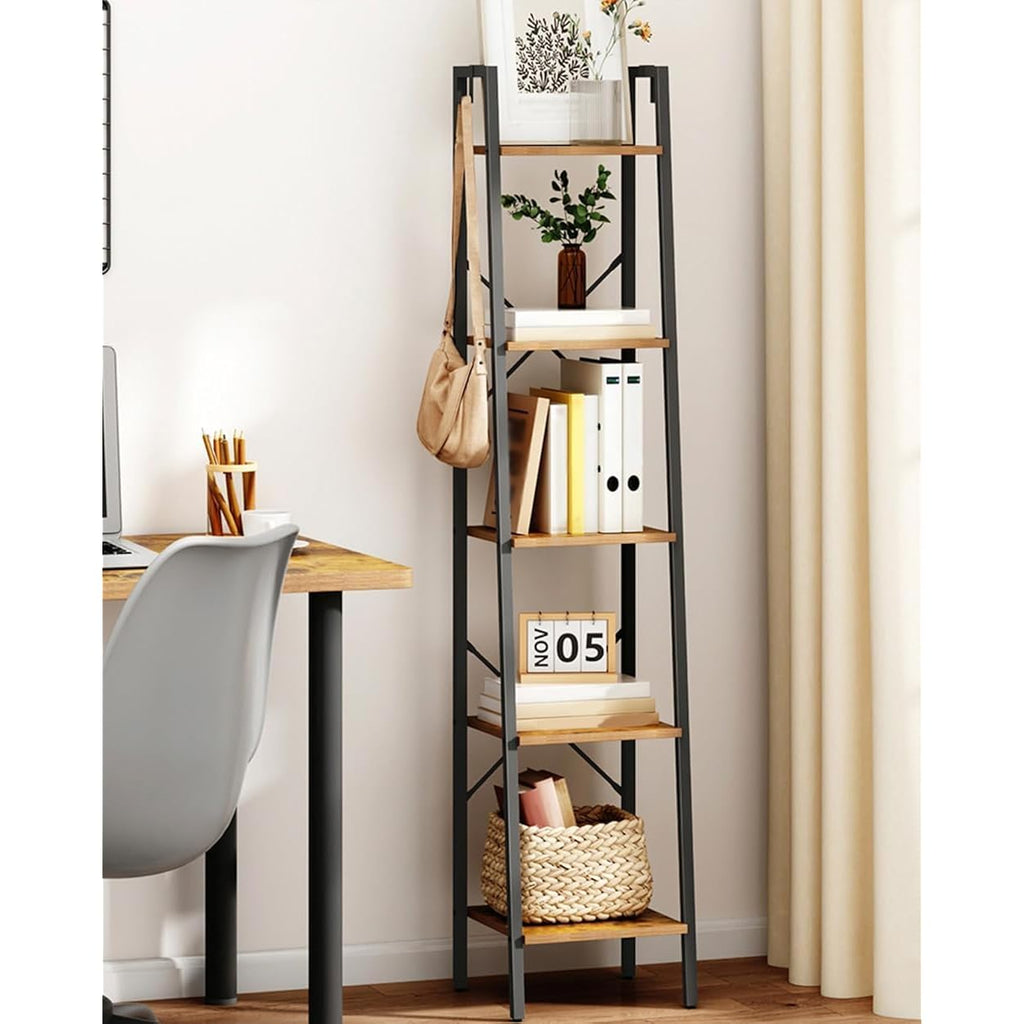 Hzuaneri Ladder Shelf, Bookshelf Bookcase, Freestanding Corner Storage Shelve With 2 Hooks For Home Office, Living Room, Kitchen, Bedroom, Industrial, 11.8" D X 13.4" W X 63" H, Rustic Brown Bc03201B