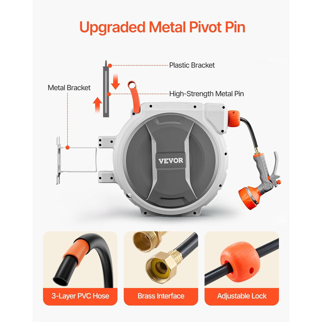 Vevor Retractable Garden Hose Reel, 5/8 Inch X 100 Ft Wall Mounted Hose Reel, Heavy Duty Garden Hose Reel With 9 Patterns Nozzle, Any Length Lock, Upgraded Slow Return System And 180°Swivel Bracket