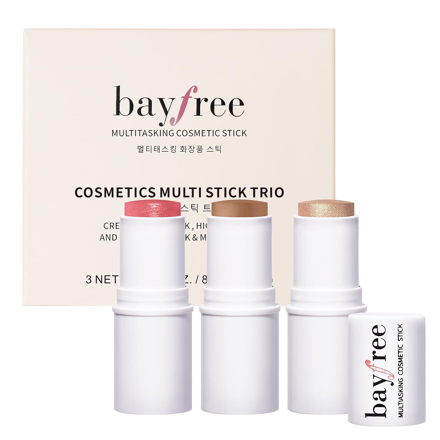 Bayfree 3 Pcs Makeup Cream Contour Stick Set, Highlighter Stick & Bronzer Stick & Blush Stick, Long Lasting, Natural Face Contour, Dewy & Matte Finish, Multi Stick Trio For All Skin