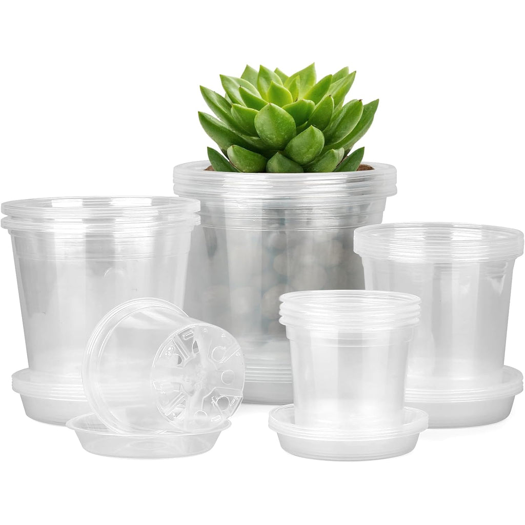 Fuijol 4/5/6/7 Inch Clear Nursery Pots For Plants With Sacuers 20 Pack, Plastic Flower Pots With Drainage Holes, Variety Pack Seedlings Garden Pot For Indoor Outdoor (4+5+6+7 Inch)