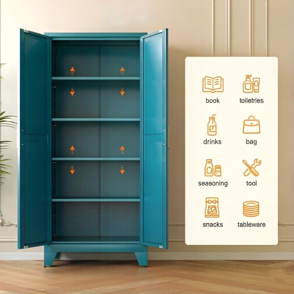 71" Tall Metal Storage Cabinet With 2 Doors And 4 Adjustable Shelves, 5-Tier Kitchen Pantry Storage Cabinet For Kitchen, Living Room, Dining Room And Office, Blue