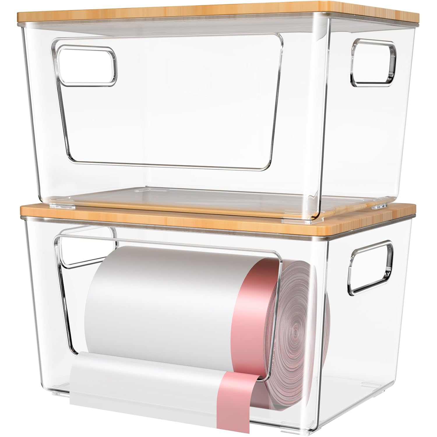 Spospo 2 Pack Trash Bag Holder With Bamboo Lid, Stackable Trashbag Dispenser, Extra Large Garbage Bag Holder For Kitchen Laundry Room Under Sink Organization And Storage