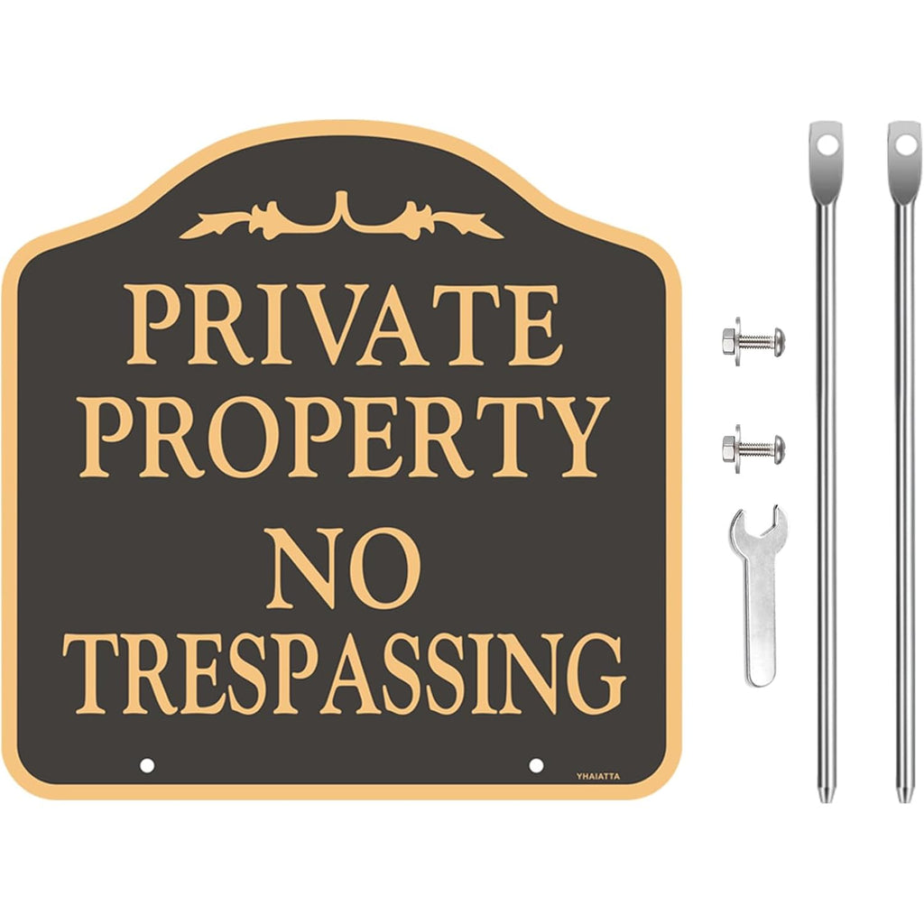 2 Pack Large No Trespassing Signs Private Property | Metal, Aluminum, Includes Metal Yard Stakes For Easy Installation, 12X12 Inches