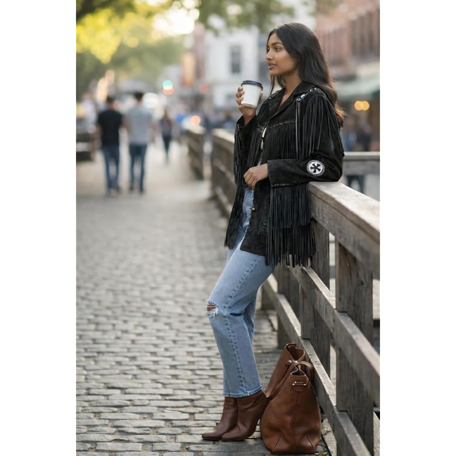 Women’S Western Fringe Suede Leather Jacket – Cowgirl Coat Beaded Epaulettes Southwestern Rodeo Style