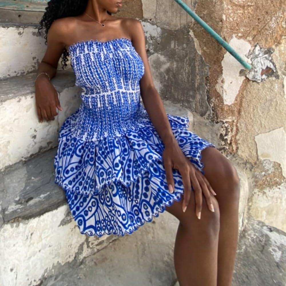 Tube Top Preppy Dress Women Y2K Blue Floral Strapless Mini Dress Vintage Short Going Out Dresses