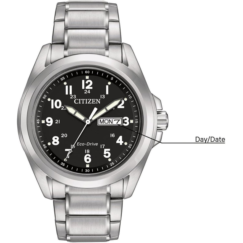 Citizen Men'S Eco-Drive Weekender Garrison Field Watch In Stainless Steel, Black Dial, Arabic Markers, Luminous, 43Mm (Model: Aw0050-82E)