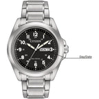 Citizen Men'S Eco-Drive Weekender Garrison Field Watch In Stainless Steel, Black Dial, Arabic Markers, Luminous, 43Mm (Model: Aw0050-82E)