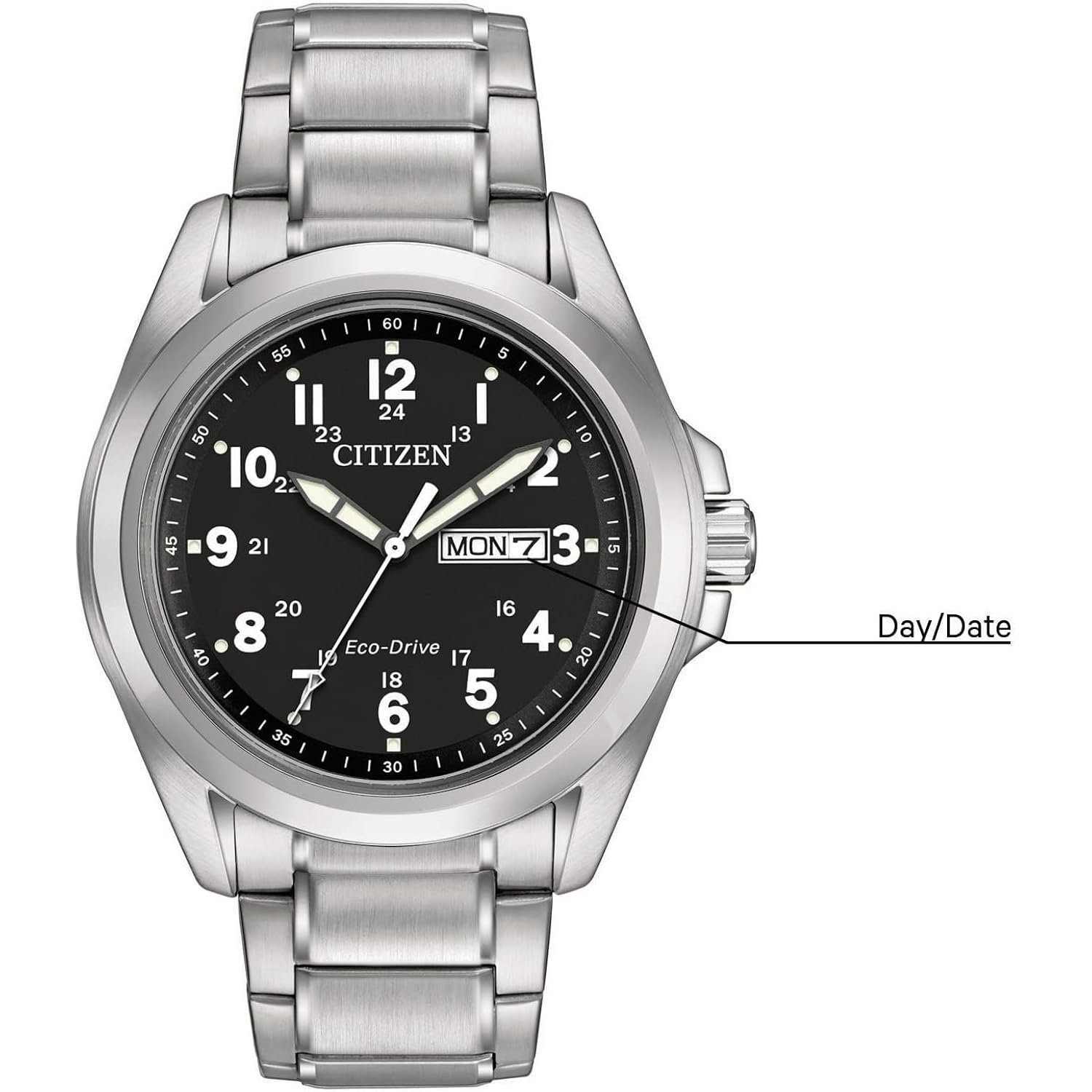 Citizen Men'S Eco-Drive Weekender Garrison Field Watch In Stainless Steel, Black Dial, Arabic Markers, Luminous, 43Mm (Model: Aw0050-82E)