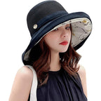 Women'S-Mesh-Sun-Hats Wide-Brim Summer Beach Bucket Caps For Girls Outdoor-Uv-Protection Foldable-Fishing-Hat Chin Strap