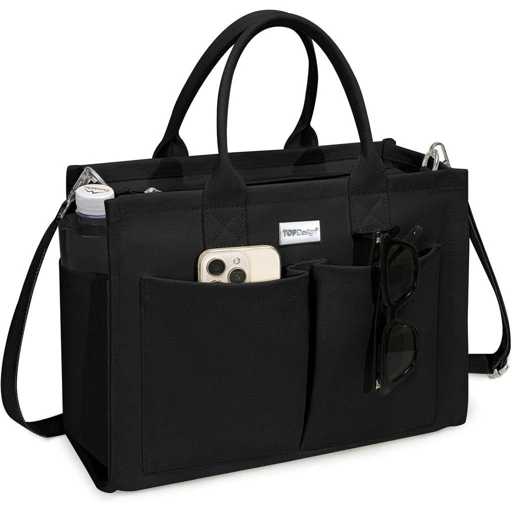 TOPDesign Heavy-Duty Canvas Tote Bag for Women, Adjustable Crossbody/Shoulder Handbag with 9 Pockets, Everything Tote