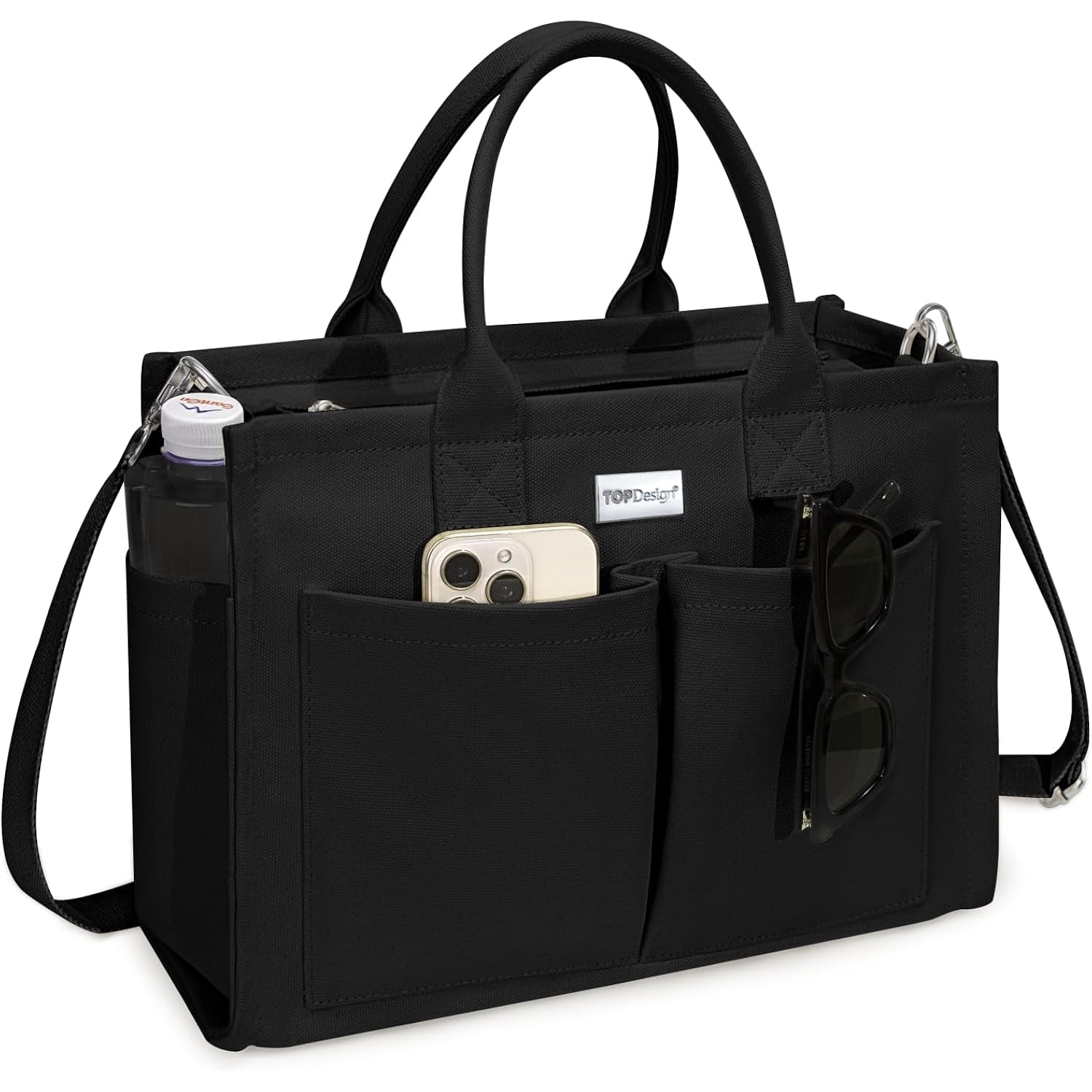 TOPDesign Heavy-Duty Canvas Tote Bag for Women, Adjustable Crossbody/Shoulder Handbag with 9 Pockets, Everything Tote