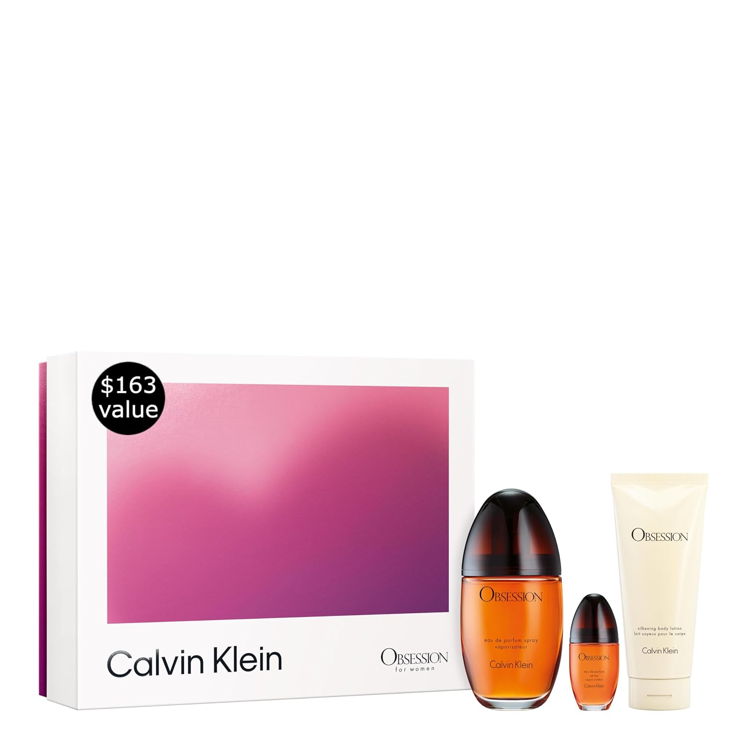 Calvin Klein Obsession Eau De Parfum For Women 3Pc Gift Set ($163 Value)– 3.3 Oz Edp, 3.3 Oz Body Lotion, 0.5 Oz Edp – Mandarin, Bergamot, Jasmine & Patchouli – Long Lasting Fragrance