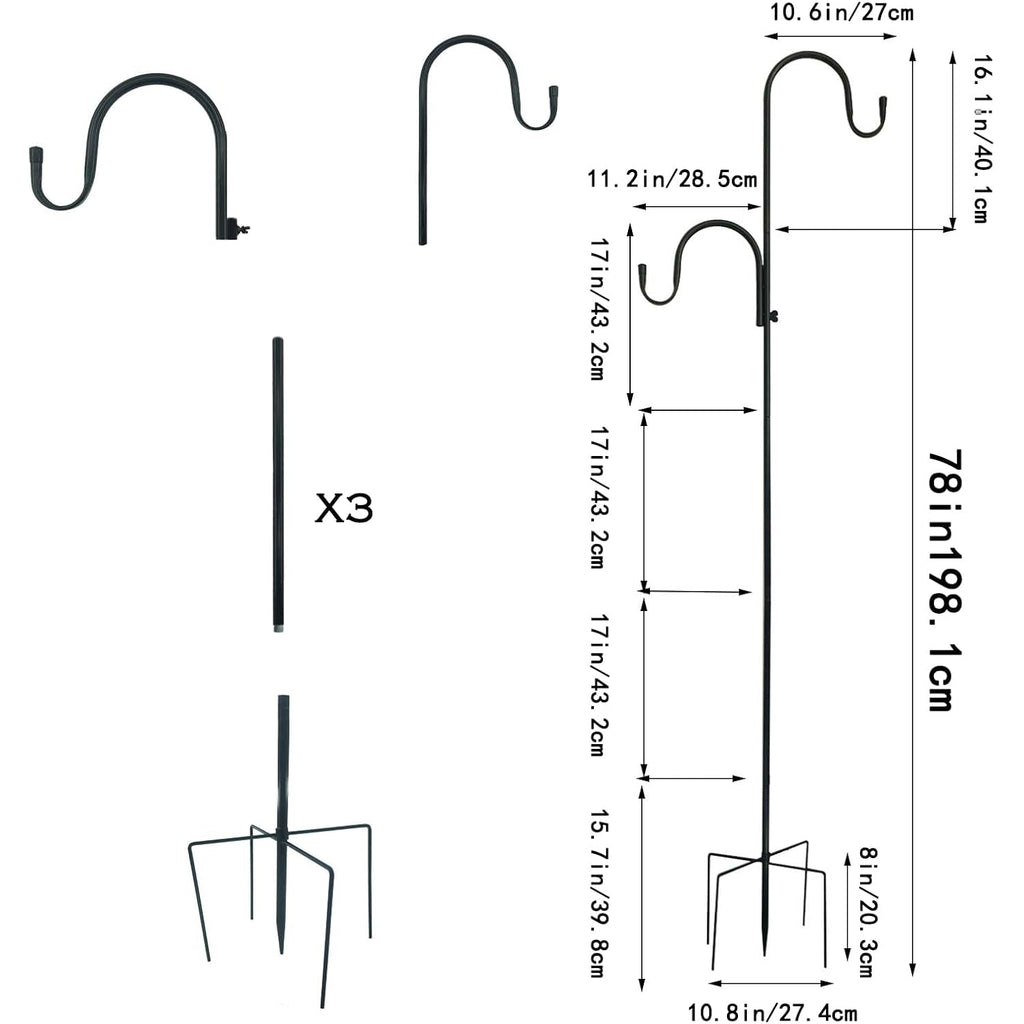 Mipon Adjustable 78/62/46/30 Inch Double Shepherds Hooks Or Outdoor | Garden Shepards Hook For Outdoor Bird Feeder,Hanging Plants,Solar Light,3/4 Inch Width