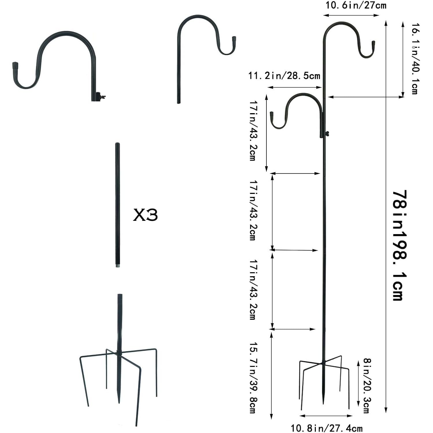 Mipon Adjustable 78/62/46/30 Inch Double Shepherds Hooks Or Outdoor | Garden Shepards Hook For Outdoor Bird Feeder,Hanging Plants,Solar Light,3/4 Inch Width